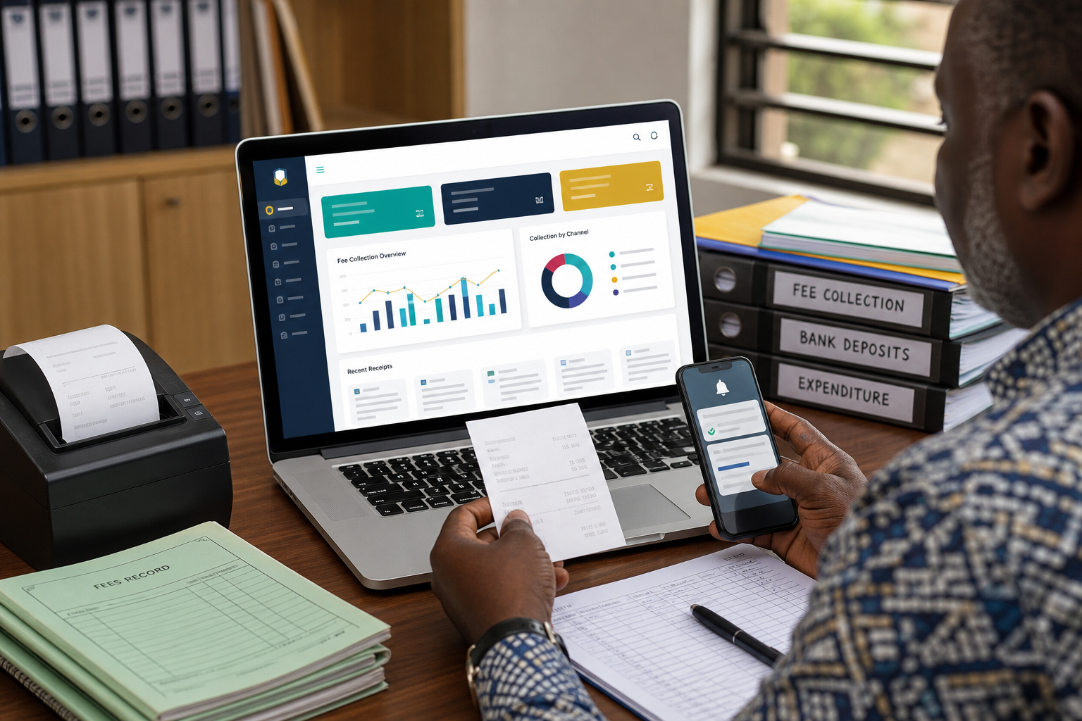 School fee records and finance dashboard in a Ghana school office