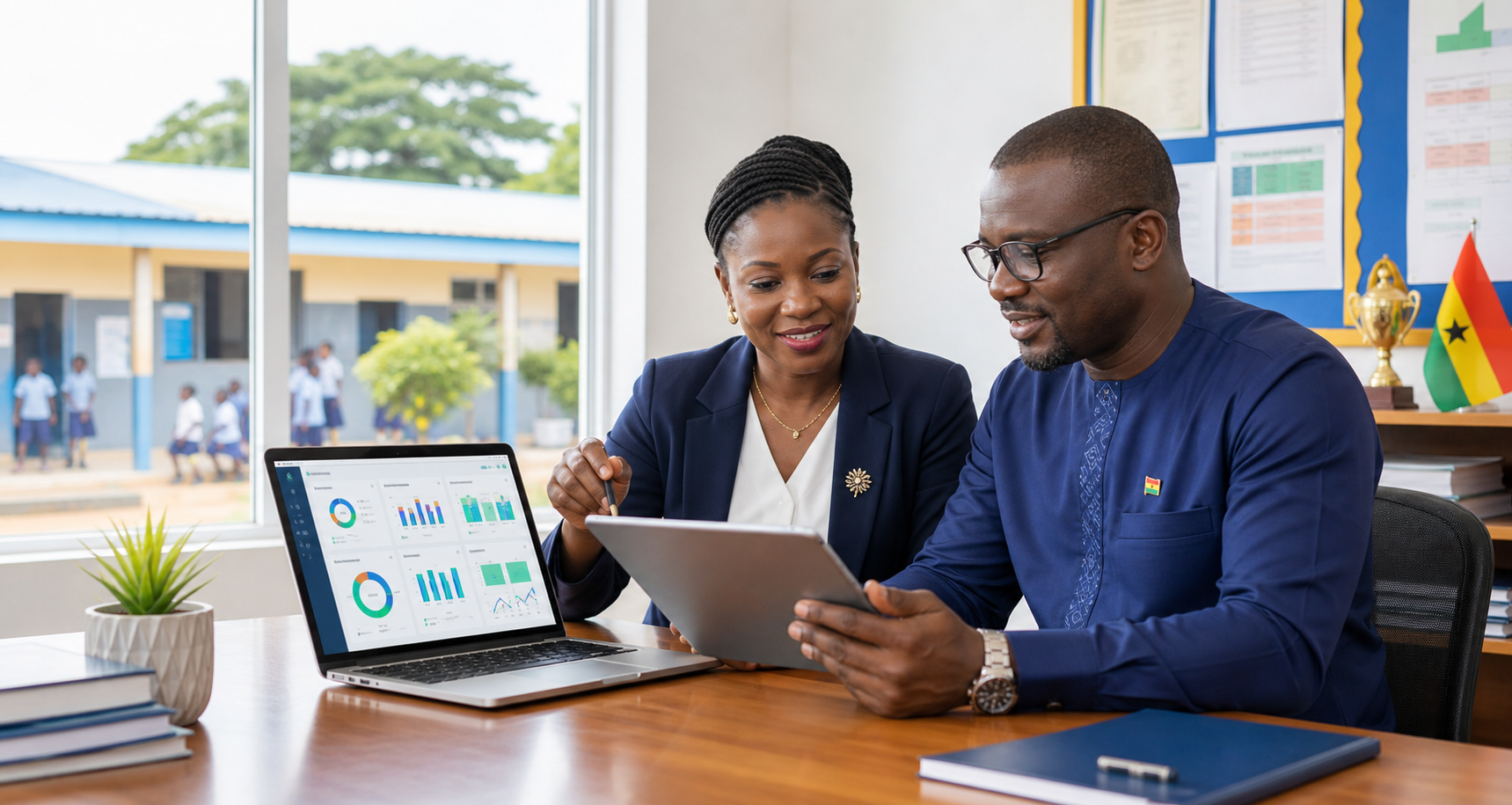 A proprietor and headteacher reviewing a school dashboard in a Ghana basic school office