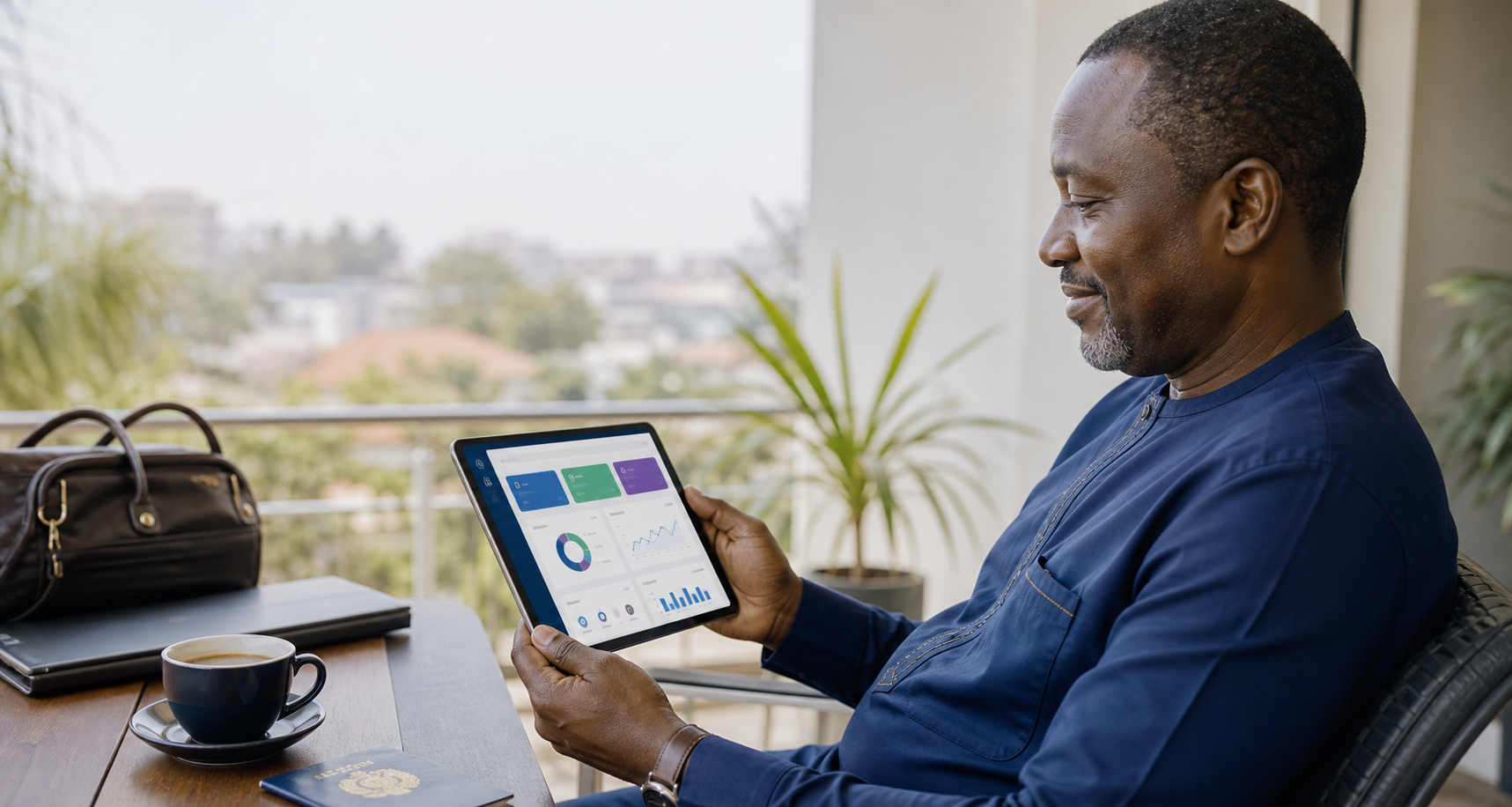 A school proprietor checking the school overview dashboard on a tablet